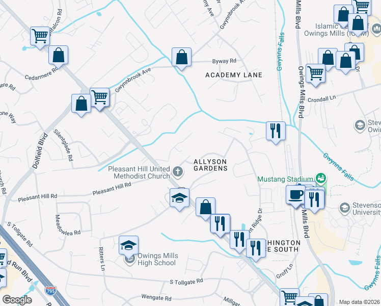 map of restaurants, bars, coffee shops, grocery stores, and more near 15 East Pleasant Hill Road in Owings Mills