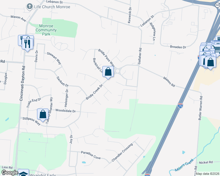 map of restaurants, bars, coffee shops, grocery stores, and more near 330 Steeplechase Lane in Monroe
