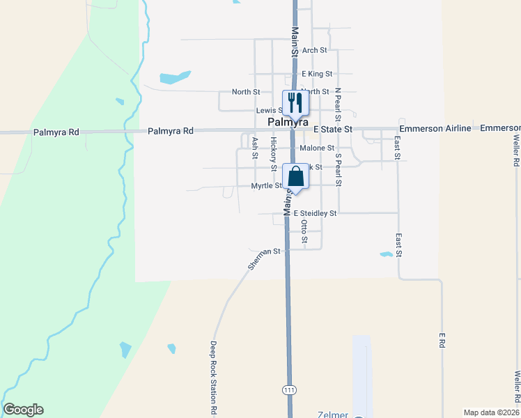 map of restaurants, bars, coffee shops, grocery stores, and more near 279 West Steidley Street in Palmyra