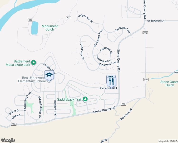 map of restaurants, bars, coffee shops, grocery stores, and more near 128 Ponderosa Circle in Parachute