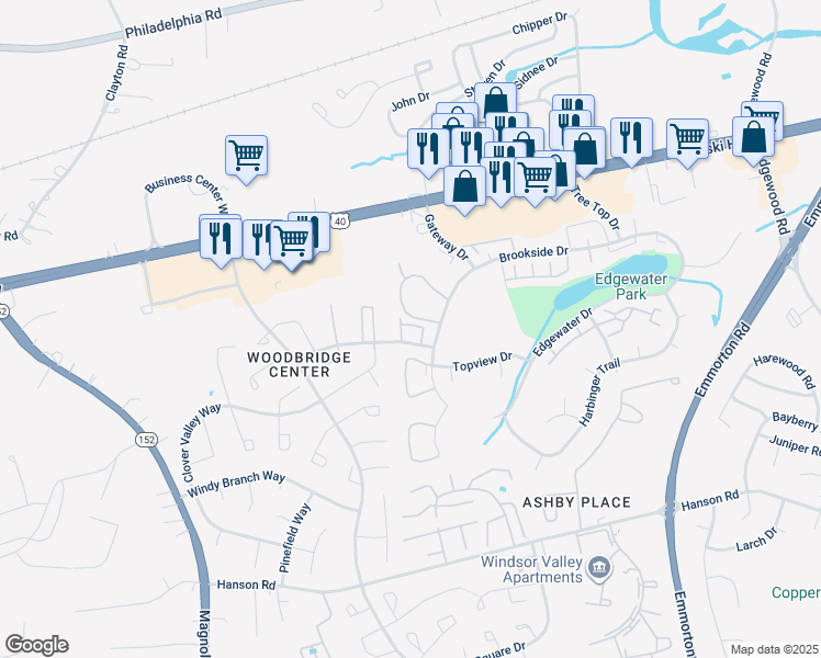map of restaurants, bars, coffee shops, grocery stores, and more near 1610 Brookside Drive in Edgewood
