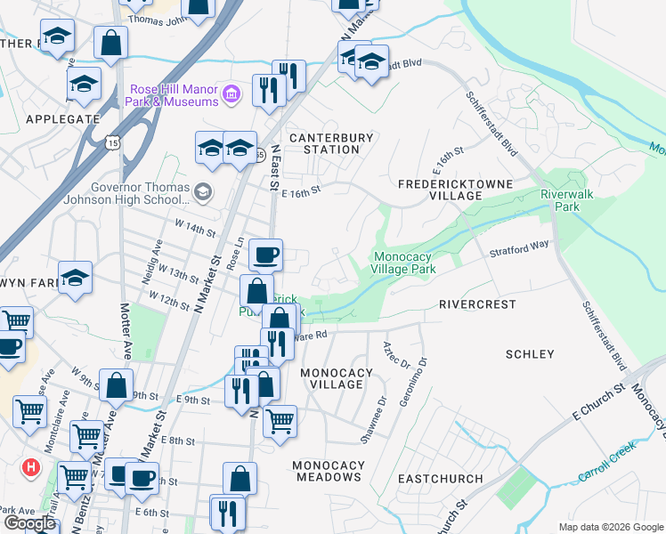 map of restaurants, bars, coffee shops, grocery stores, and more near 1492 Dockside Court in Frederick
