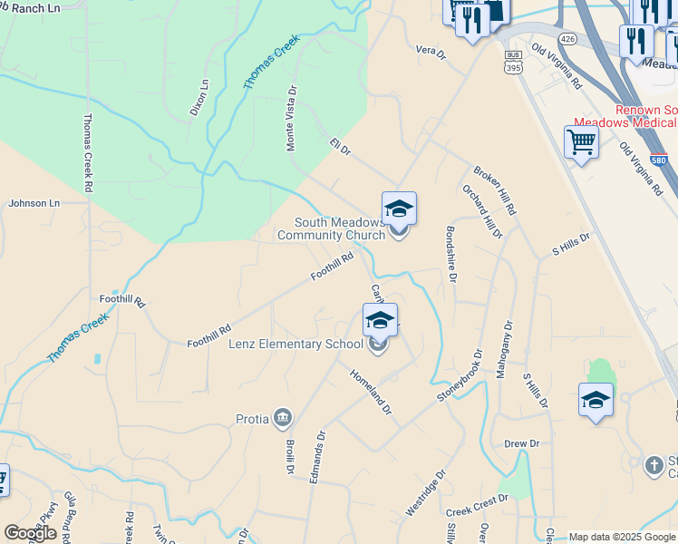 map of restaurants, bars, coffee shops, grocery stores, and more near 1010 Foothill Road in Reno