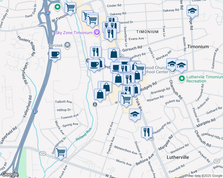 map of restaurants, bars, coffee shops, grocery stores, and more near 50 West Ridgely Road in Lutherville-Timonium