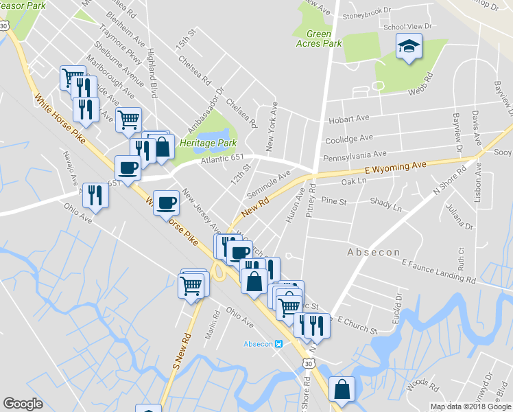 map of restaurants, bars, coffee shops, grocery stores, and more near 206 New Road in Absecon