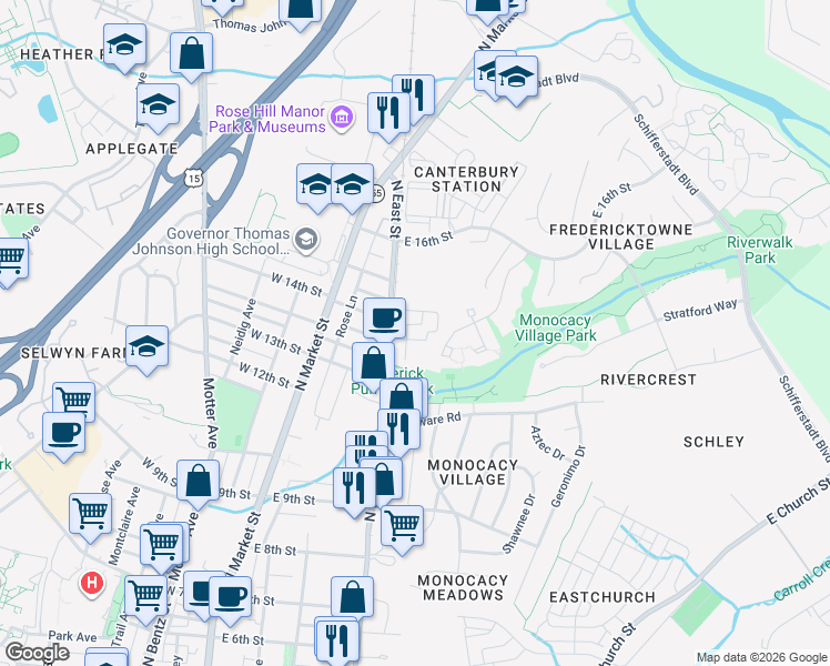 map of restaurants, bars, coffee shops, grocery stores, and more near 110 Holling Drive in Frederick