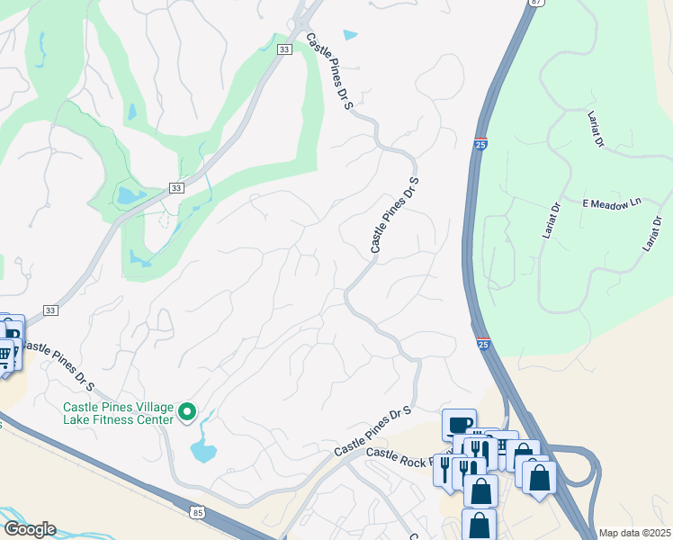 map of restaurants, bars, coffee shops, grocery stores, and more near 4536 Silver Dale Court in Castle Rock