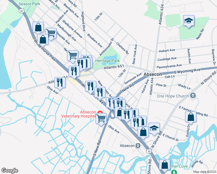 map of restaurants, bars, coffee shops, grocery stores, and more near 502 New Jersey Avenue in Absecon