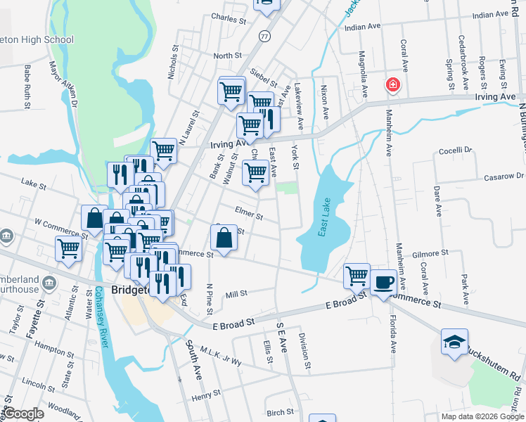 map of restaurants, bars, coffee shops, grocery stores, and more near 67 Church Street in Bridgeton