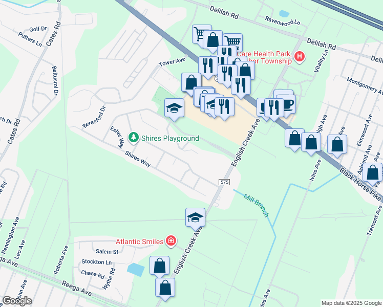 map of restaurants, bars, coffee shops, grocery stores, and more near 30 Brandywine Court in Egg Harbor Township