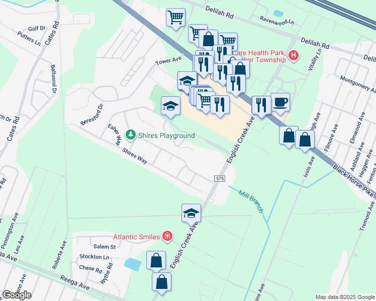 map of restaurants, bars, coffee shops, grocery stores, and more near 30 Brandywine Court in Egg Harbor Township