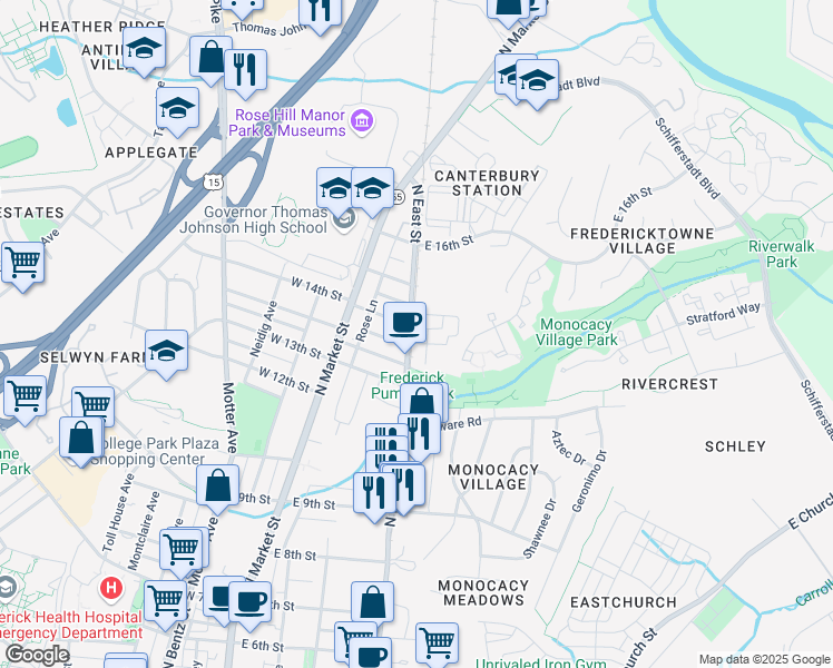 map of restaurants, bars, coffee shops, grocery stores, and more near 120 Holling Drive in Frederick