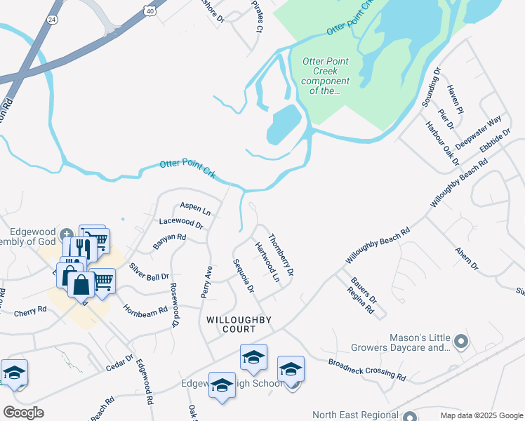 map of restaurants, bars, coffee shops, grocery stores, and more near 719 Sequoia Drive in Edgewood