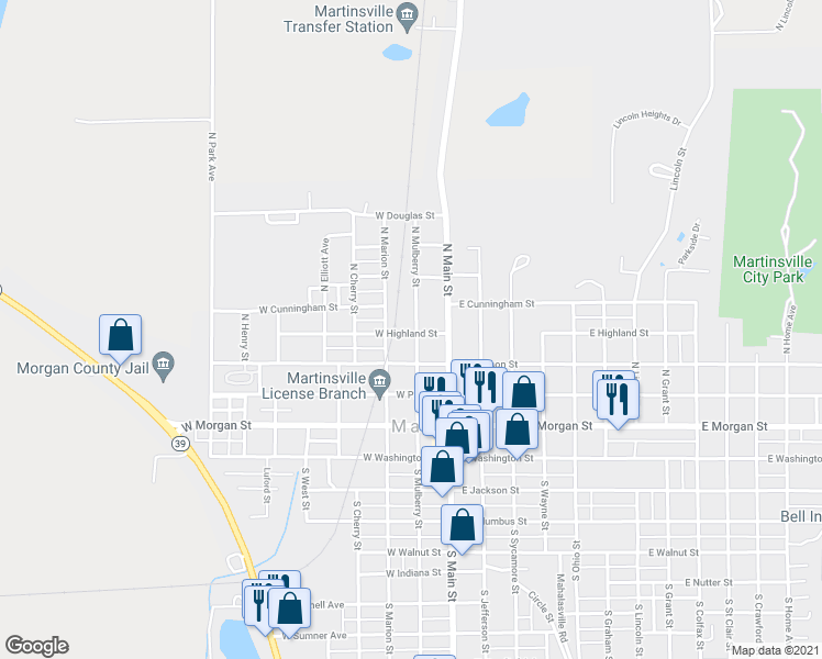 map of restaurants, bars, coffee shops, grocery stores, and more near 410 North Mulberry Street in Martinsville