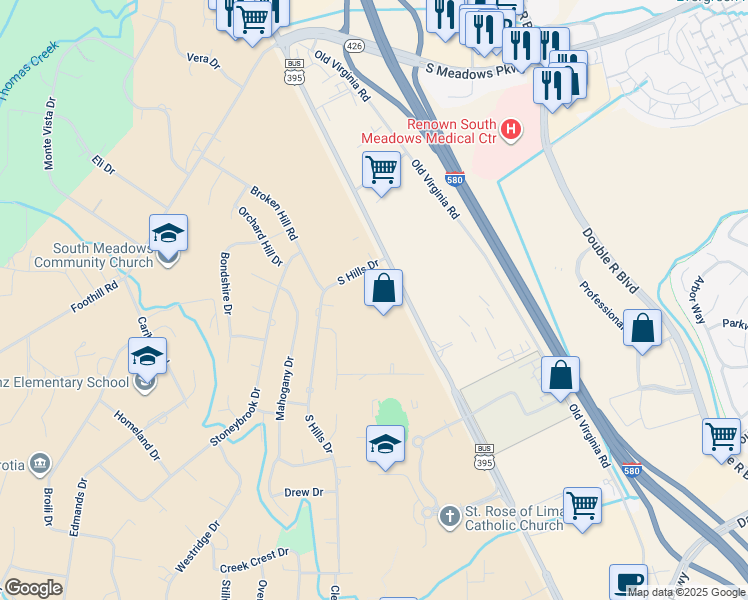 map of restaurants, bars, coffee shops, grocery stores, and more near 11700 South Hills Drive in Reno