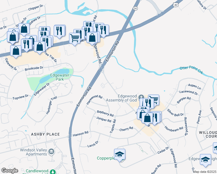 map of restaurants, bars, coffee shops, grocery stores, and more near 902 Edgewood Road in Edgewood