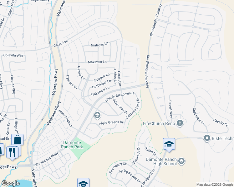 map of restaurants, bars, coffee shops, grocery stores, and more near 2390 Lincoln Meadows Drive in Reno