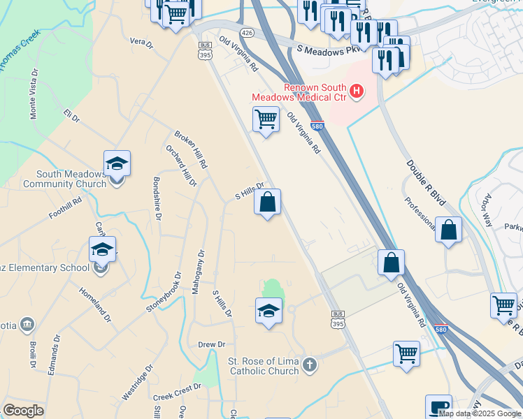 map of restaurants, bars, coffee shops, grocery stores, and more near 11201 South Virginia Street in Reno