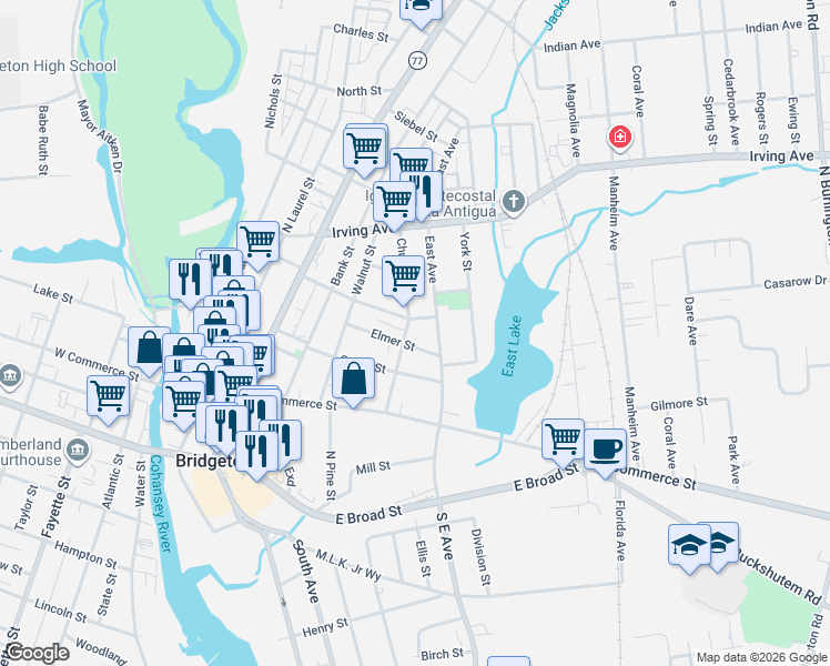 map of restaurants, bars, coffee shops, grocery stores, and more near 67 Church Street in Bridgeton