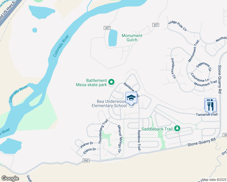 map of restaurants, bars, coffee shops, grocery stores, and more near 53 Silverton Circle in Battlement Mesa