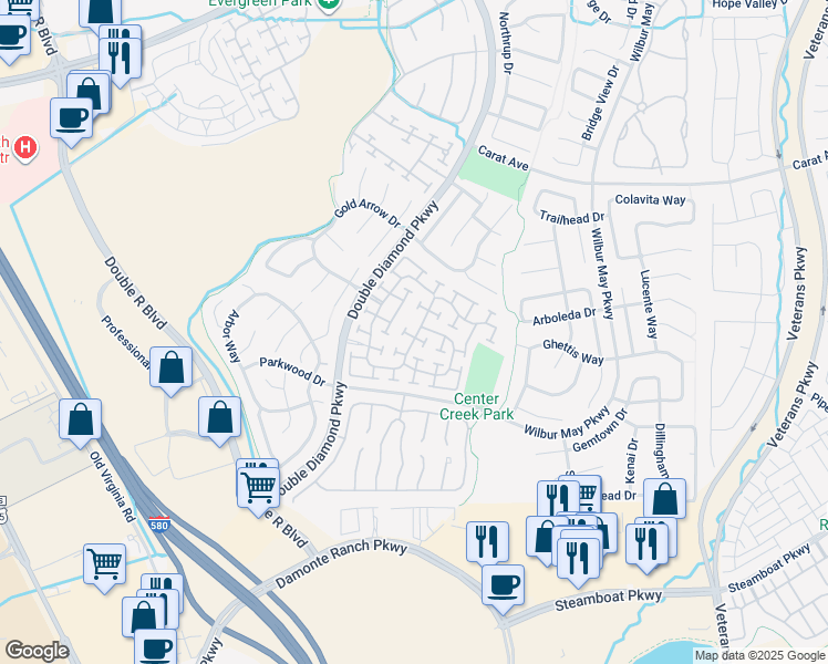 map of restaurants, bars, coffee shops, grocery stores, and more near 10441 Chadwell Drive in Reno
