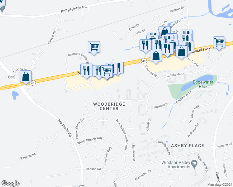 map of restaurants, bars, coffee shops, grocery stores, and more near 900 Cedar Crest Court North in Edgewood