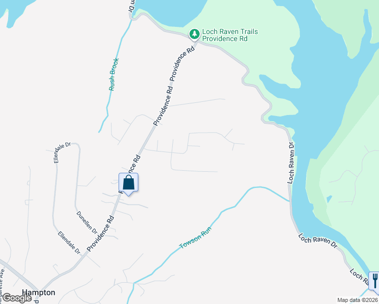 map of restaurants, bars, coffee shops, grocery stores, and more near 1017 Roxleigh Road in Towson