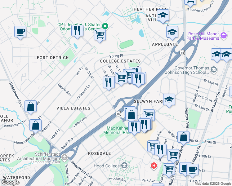 map of restaurants, bars, coffee shops, grocery stores, and more near 1305 West 7th Street in Frederick