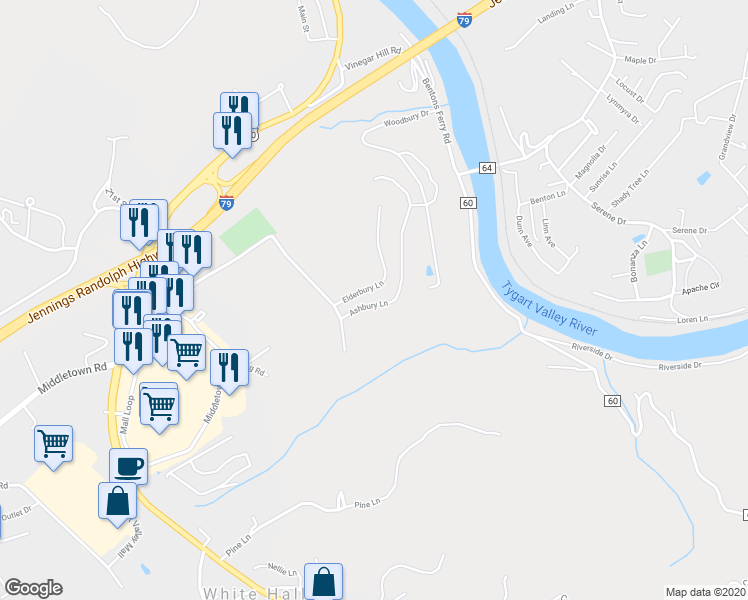 map of restaurants, bars, coffee shops, grocery stores, and more near 3 Ashbury Lane in Fairmont