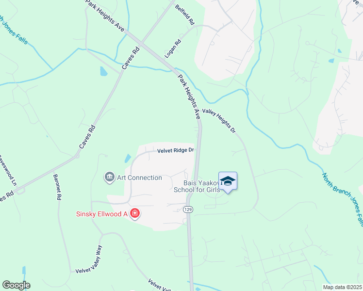 map of restaurants, bars, coffee shops, grocery stores, and more near 2304 Velvet Ridge Drive in Owings Mills