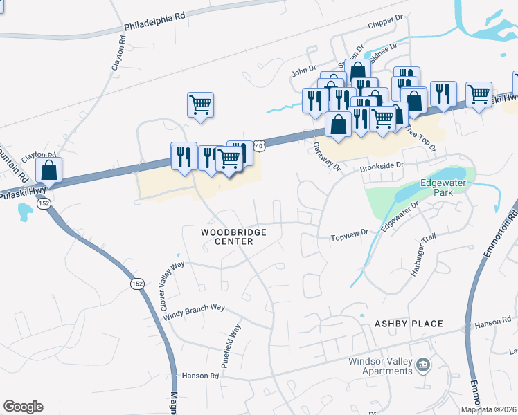map of restaurants, bars, coffee shops, grocery stores, and more near 903 Cedar Crest Court in Edgewood
