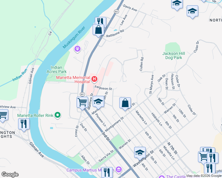 map of restaurants, bars, coffee shops, grocery stores, and more near 912 Garfield Avenue in Marietta