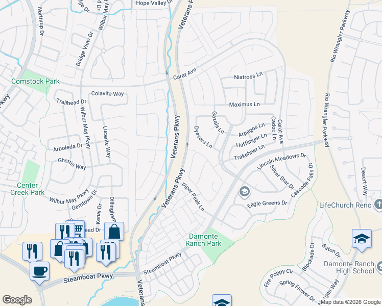map of restaurants, bars, coffee shops, grocery stores, and more near 10035 Ellis Park Lane in Reno