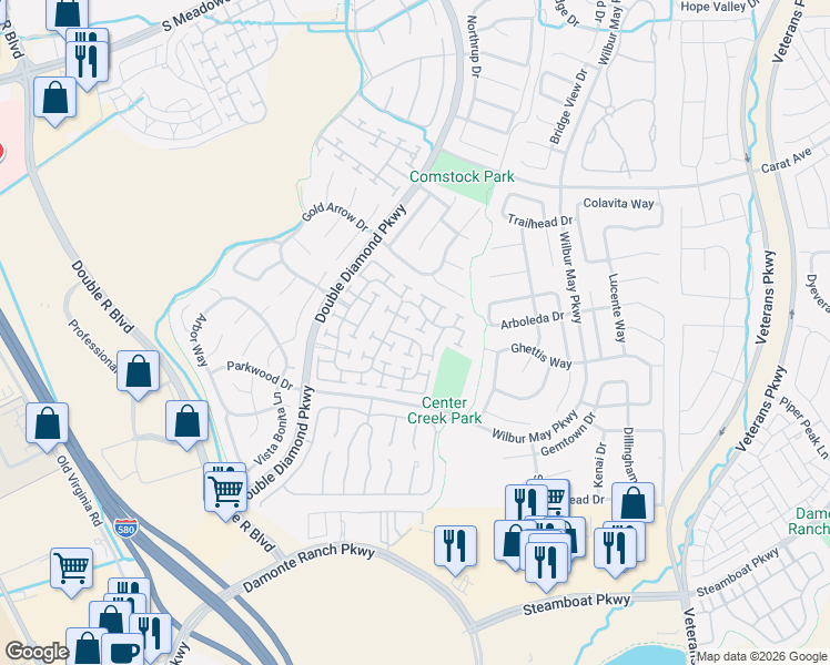 map of restaurants, bars, coffee shops, grocery stores, and more near 1745 Burwood Circle in Reno