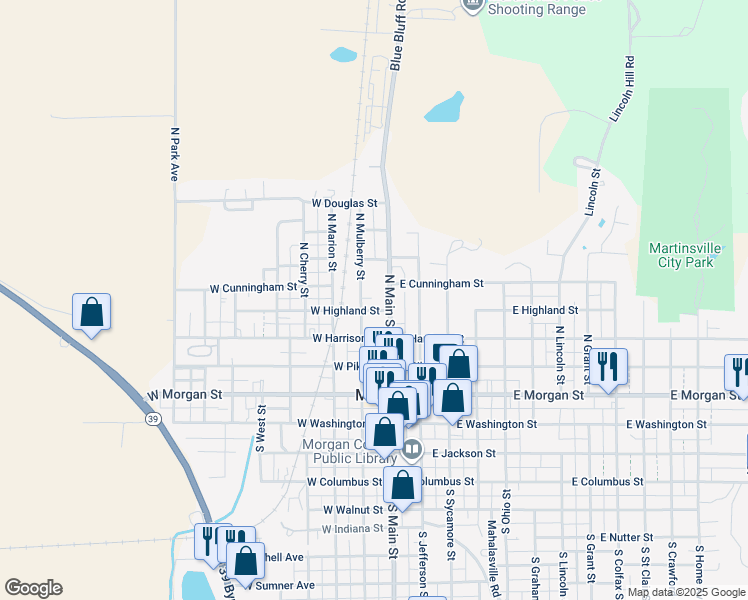 map of restaurants, bars, coffee shops, grocery stores, and more near 410 North Mulberry Street in Martinsville