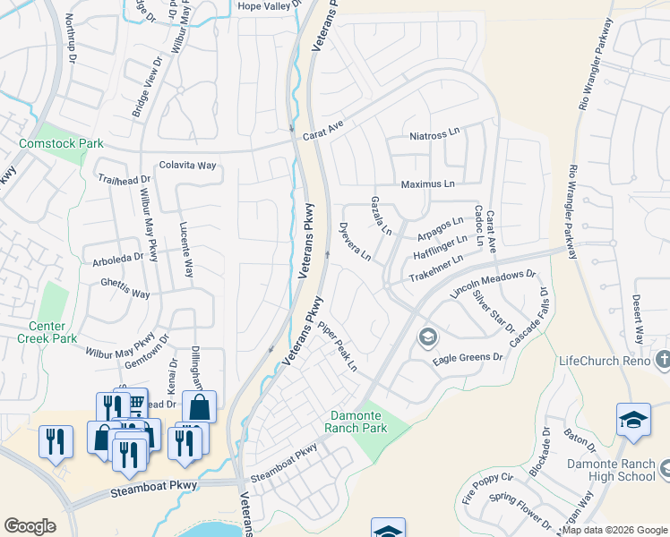 map of restaurants, bars, coffee shops, grocery stores, and more near 10035 Ellis Park Lane in Reno