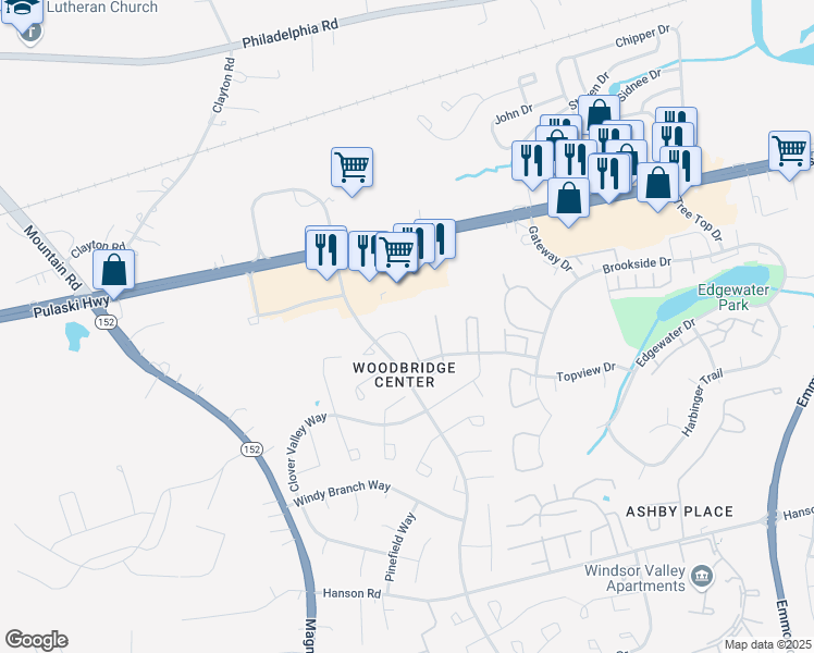 map of restaurants, bars, coffee shops, grocery stores, and more near 905 Woodbridge Court in Edgewood