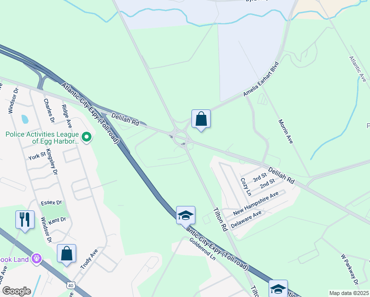 map of restaurants, bars, coffee shops, grocery stores, and more near 2501 Tilton Road in Egg Harbor Township