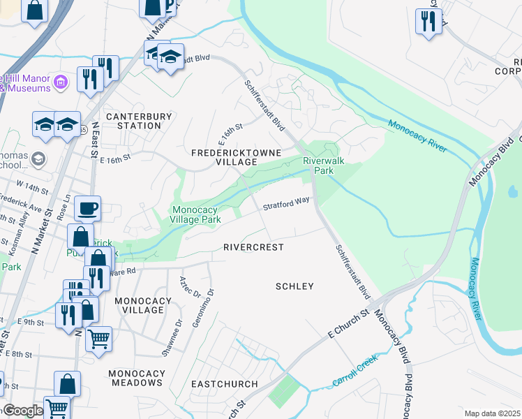 map of restaurants, bars, coffee shops, grocery stores, and more near 802 Stratford Drive in Frederick