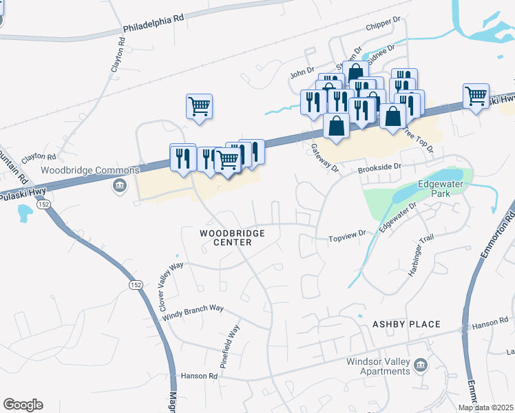 map of restaurants, bars, coffee shops, grocery stores, and more near 903 Cedar Crest Court in Edgewood