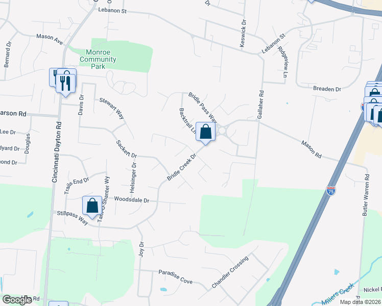 map of restaurants, bars, coffee shops, grocery stores, and more near 270 Steeplechase Lane in Monroe