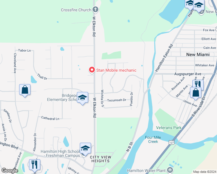 map of restaurants, bars, coffee shops, grocery stores, and more near 1623 Chippewa Drive in Hamilton