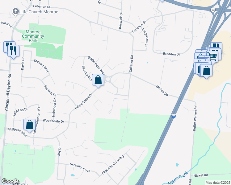 map of restaurants, bars, coffee shops, grocery stores, and more near 80 Paddock Lane in Monroe