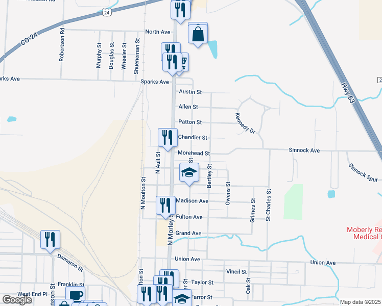 map of restaurants, bars, coffee shops, grocery stores, and more near 1200 Porter Street in Moberly