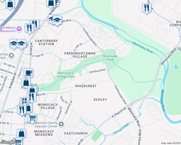 map of restaurants, bars, coffee shops, grocery stores, and more near 806 Stratford Drive in Frederick