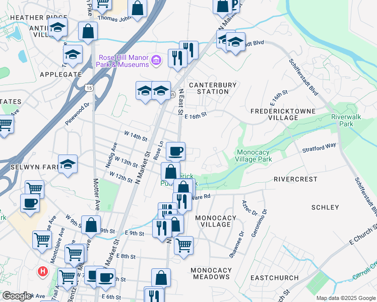 map of restaurants, bars, coffee shops, grocery stores, and more near 111 Holling Drive in Frederick