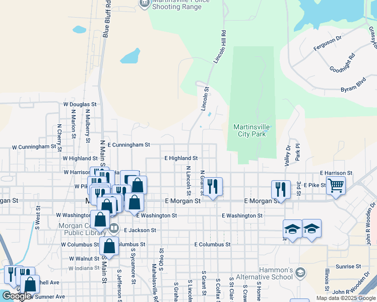 map of restaurants, bars, coffee shops, grocery stores, and more near 451 North Lincoln Street in Martinsville