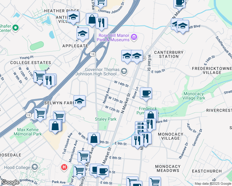 map of restaurants, bars, coffee shops, grocery stores, and more near 14 Frederick Avenue in Frederick