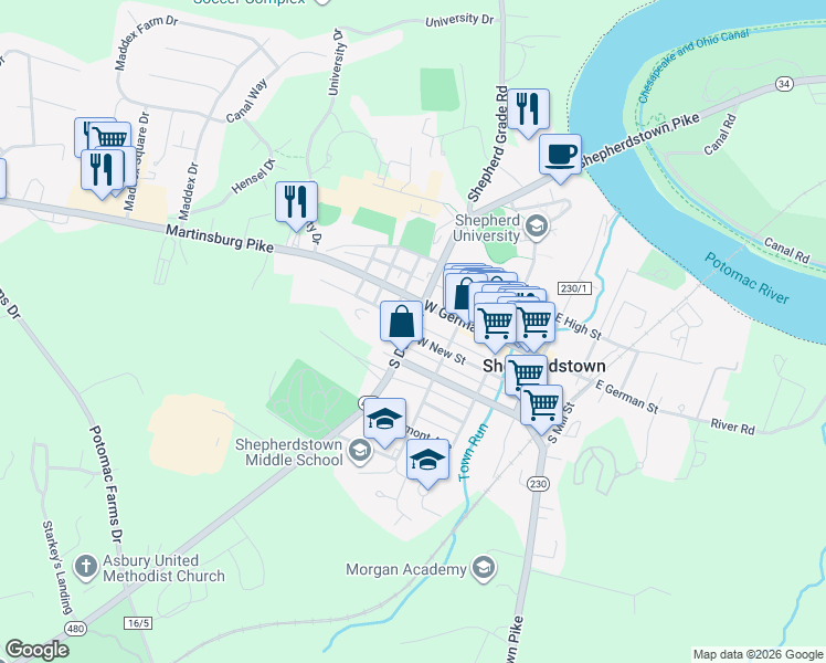 map of restaurants, bars, coffee shops, grocery stores, and more near 217 West New Street in Shepherdstown