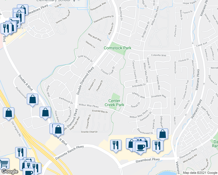 map of restaurants, bars, coffee shops, grocery stores, and more near 1692 Iron Mountain Drive in Reno